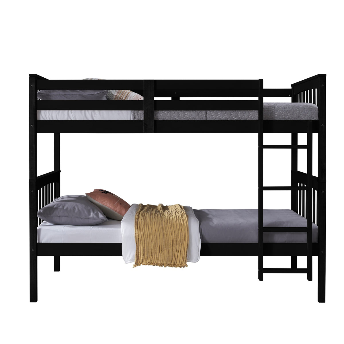 Home Design Ames Twin Over Twin Solid Wood Bunk Bed Frame, Convertible, Sturdy Guardrails, Easy Assembly