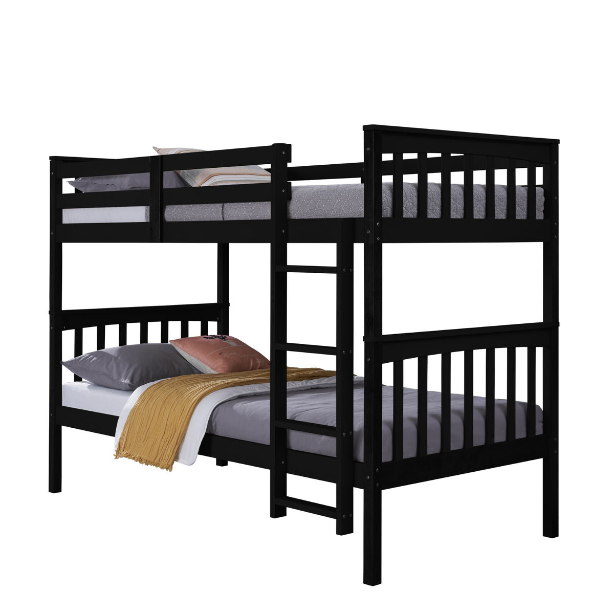 Home Design Ames Twin Over Twin Solid Wood Bunk Bed Frame, Convertible, Sturdy Guardrails, Easy Assembly