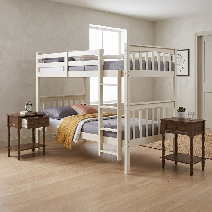 Home Design Ames Twin Over Twin Solid Wood Bunk Bed with 2 Ruston Nightstand – 3-Piece Space-Saving Bedroom Set