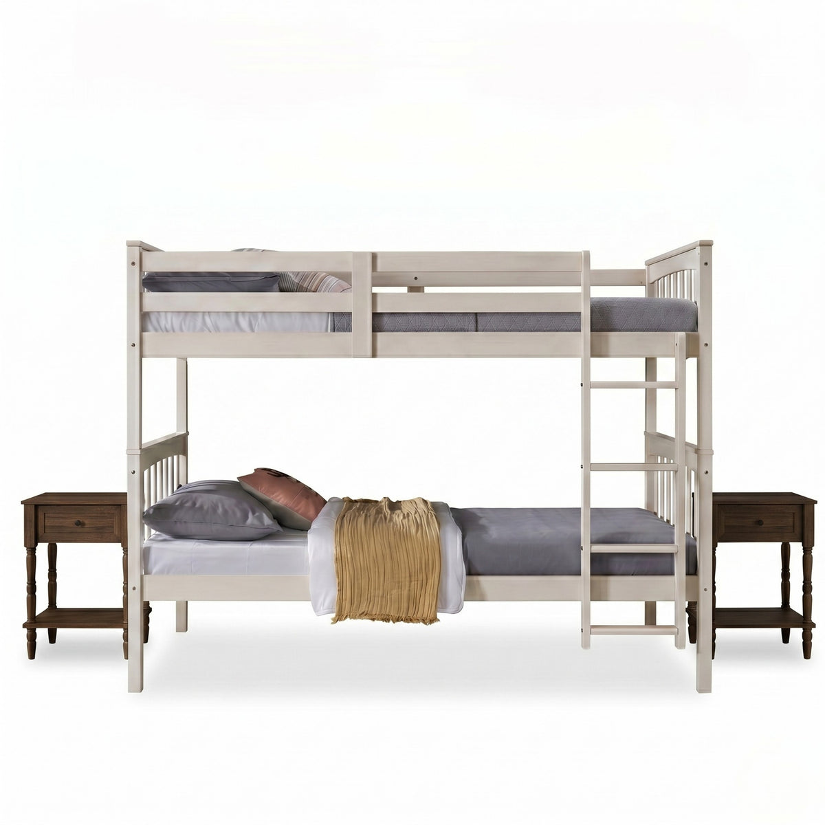 Home Design Ames Twin Over Twin Solid Wood Bunk Bed with 2 Ruston Nightstand – 3-Piece Space-Saving Bedroom Set