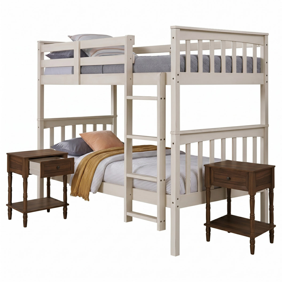 Home Design Ames Twin Over Twin Solid Wood Bunk Bed with 2 Ruston Nightstand – 3-Piece Space-Saving Bedroom Set