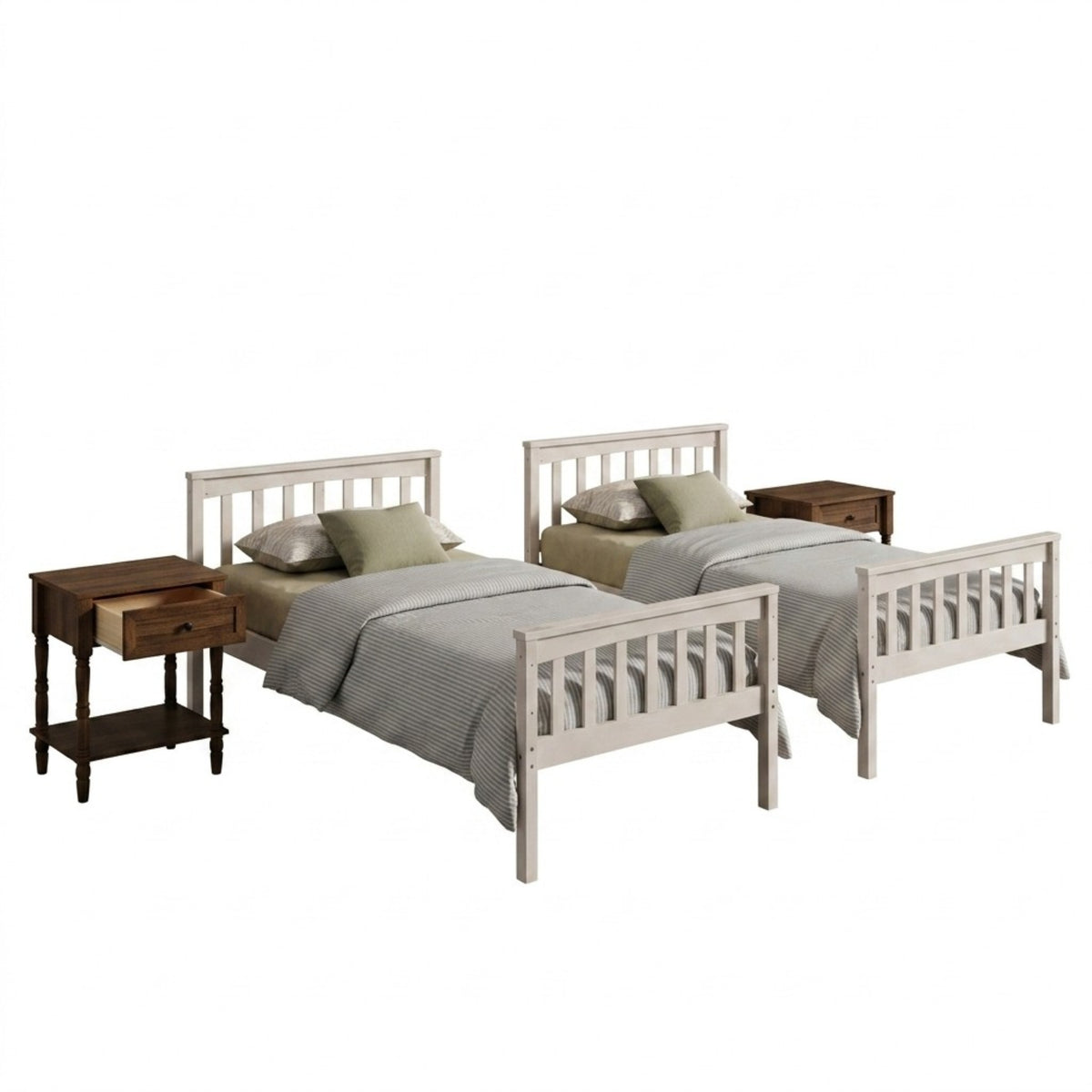 Home Design Ames Twin Over Twin Solid Wood Bunk Bed with 2 Ruston Nightstand – 3-Piece Space-Saving Bedroom Set