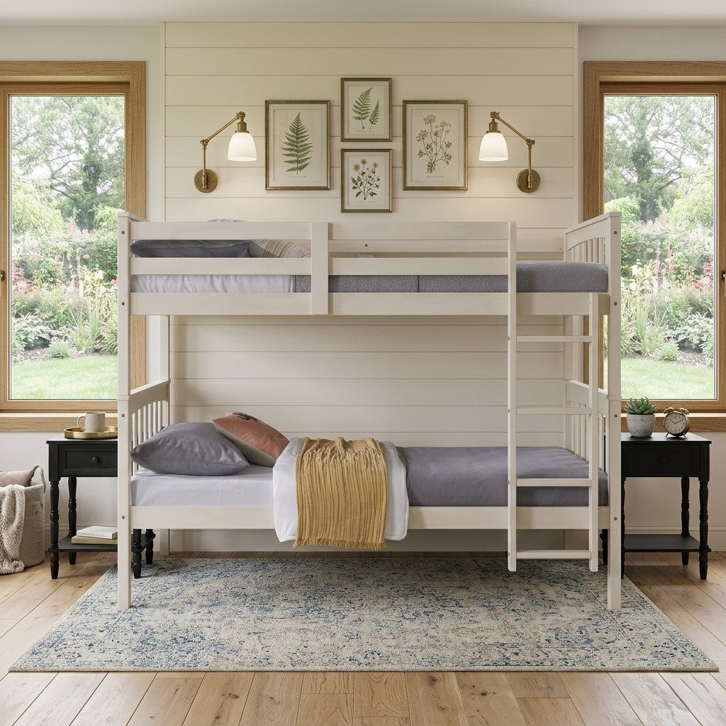 Home Design Ames Twin Over Twin Solid Wood Bunk Bed with 2 Ruston Nightstand – 3-Piece Space-Saving Bedroom Set