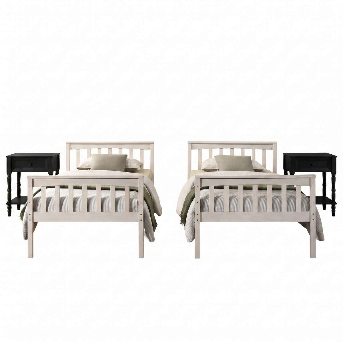 Home Design Ames Twin Over Twin Solid Wood Bunk Bed with 2 Ruston Nightstand – 3-Piece Space-Saving Bedroom Set