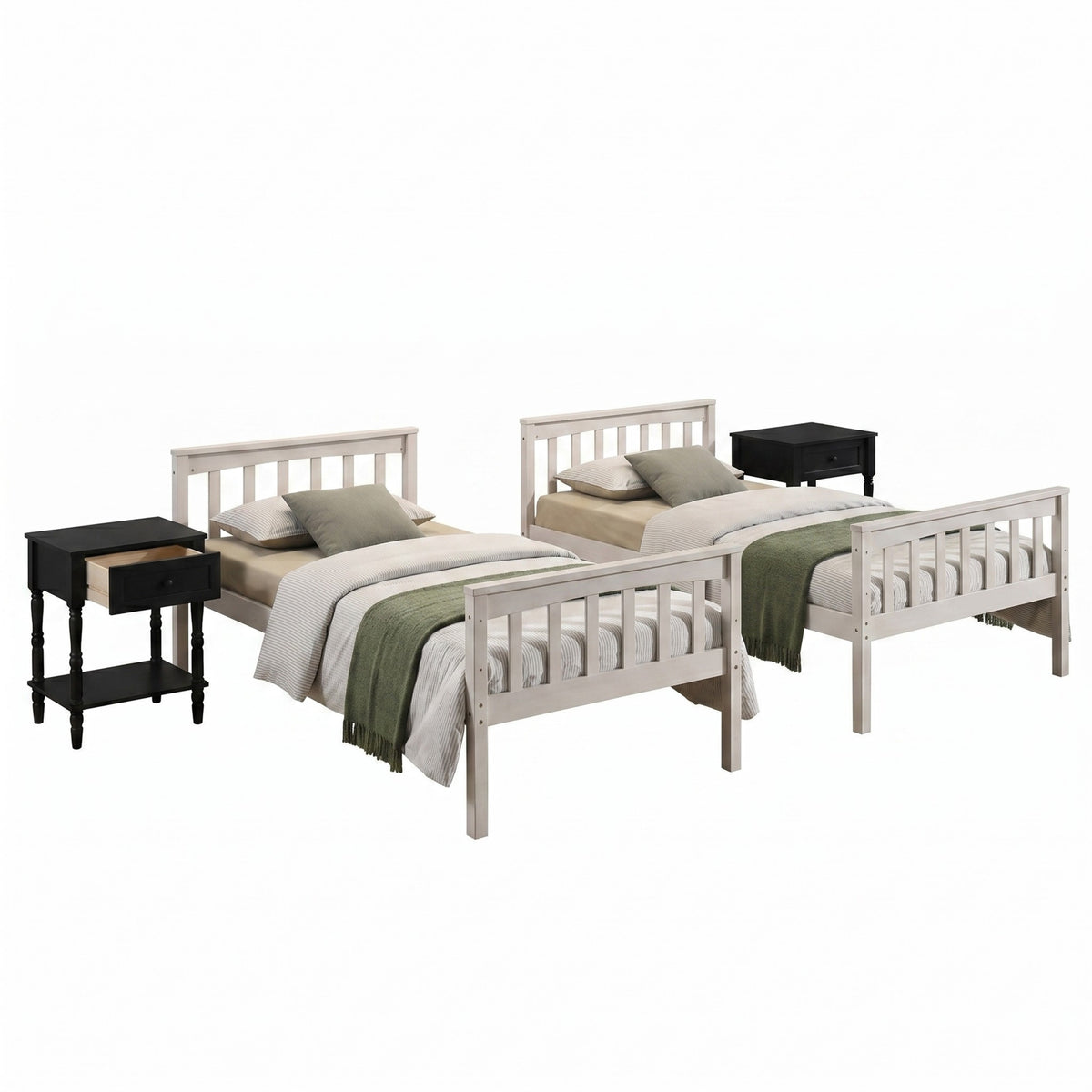 Home Design Ames Twin Over Twin Solid Wood Bunk Bed with 2 Ruston Nightstand – 3-Piece Space-Saving Bedroom Set
