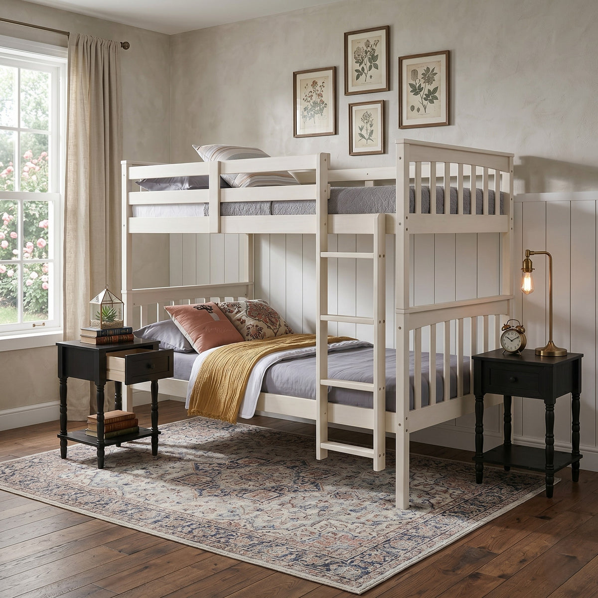 Home Design Ames Twin Over Twin Solid Wood Bunk Bed with 2 Ruston Nightstand – 3-Piece Space-Saving Bedroom Set