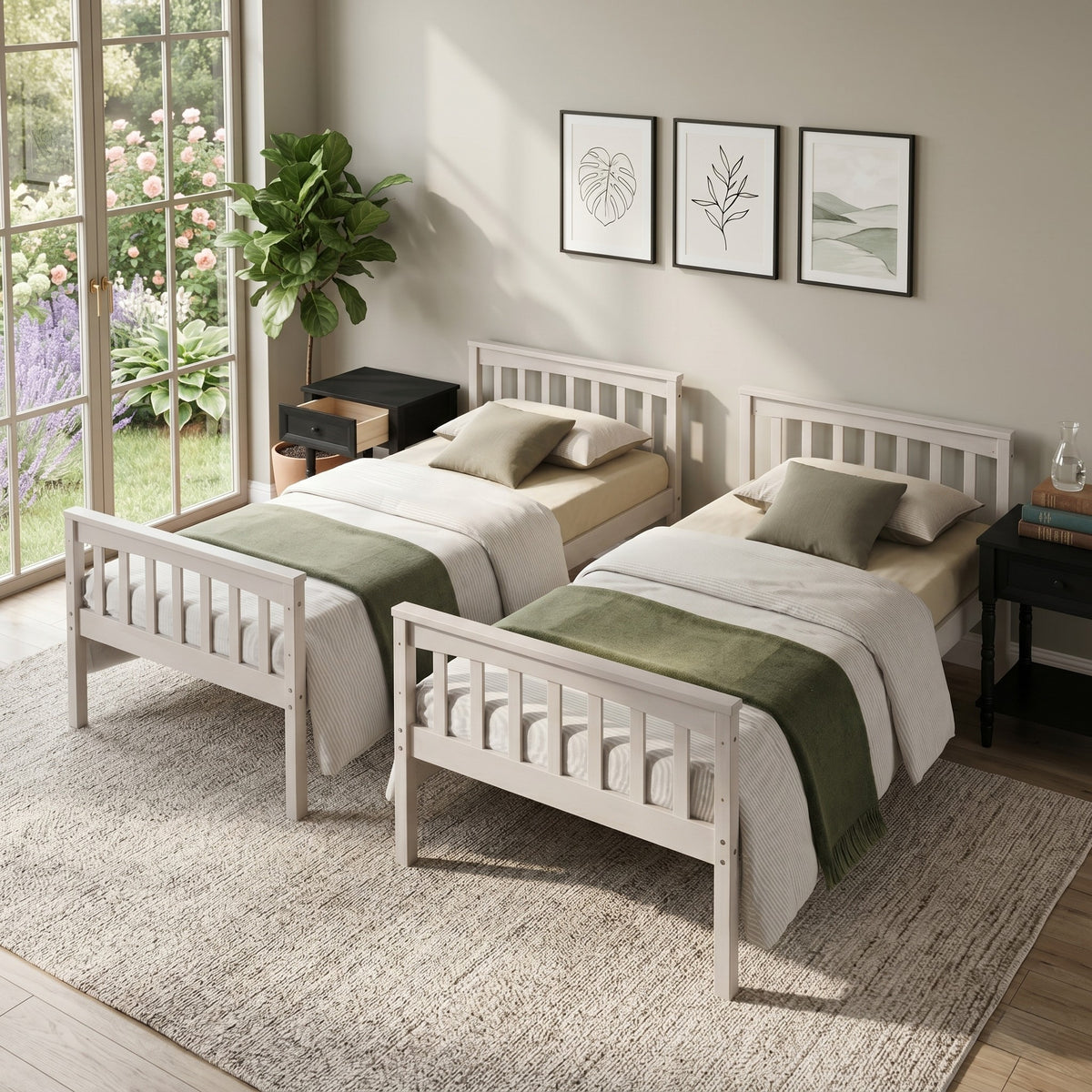 Home Design Ames Twin Over Twin Solid Wood Bunk Bed with 2 Ruston Nightstand – 3-Piece Space-Saving Bedroom Set