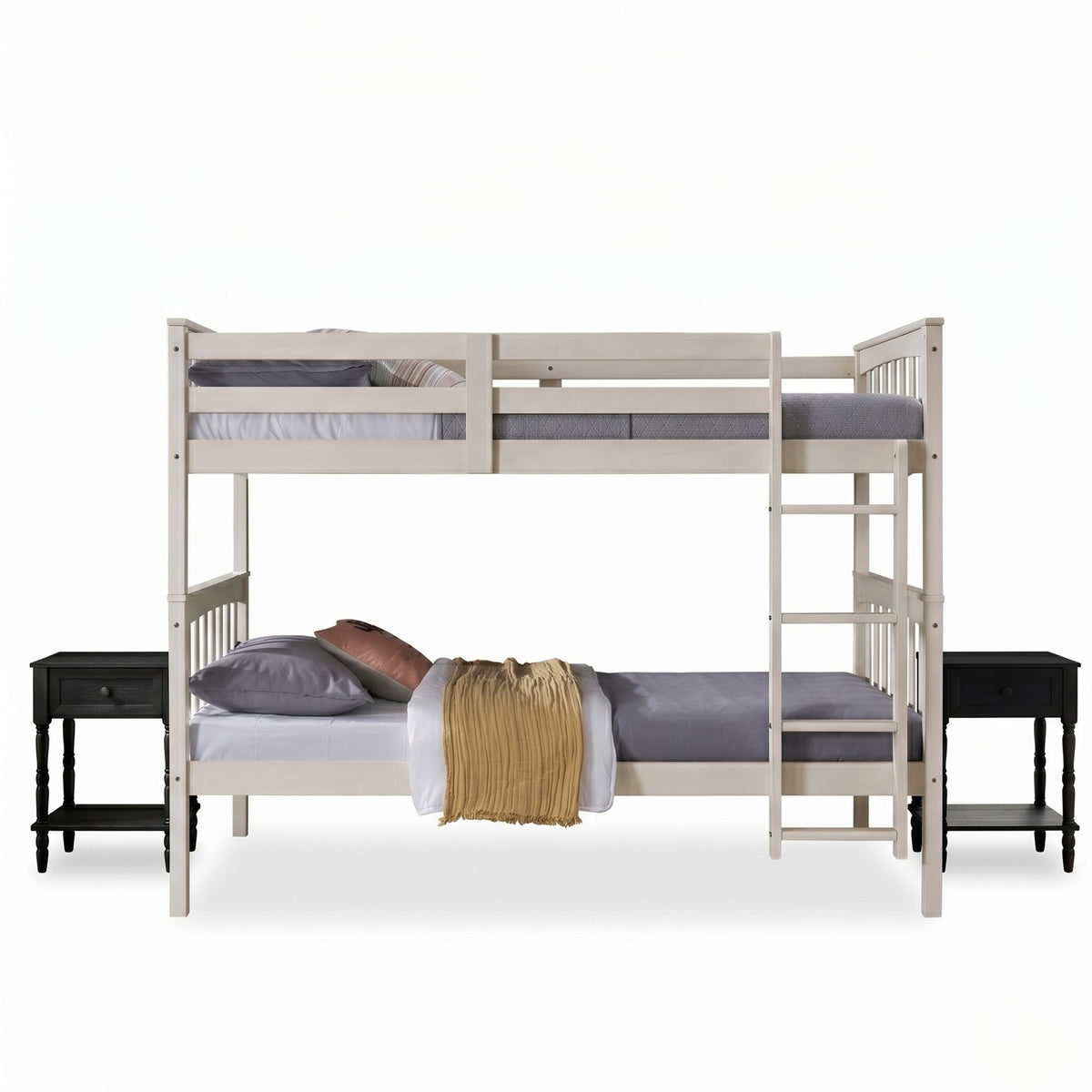 Home Design Ames Twin Over Twin Solid Wood Bunk Bed with 2 Ruston Nightstand – 3-Piece Space-Saving Bedroom Set