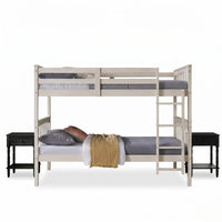 Home Design Ames Twin Over Twin Solid Wood Bunk Bed with 2 Ruston Nightstand – 3-Piece Space-Saving Bedroom Set