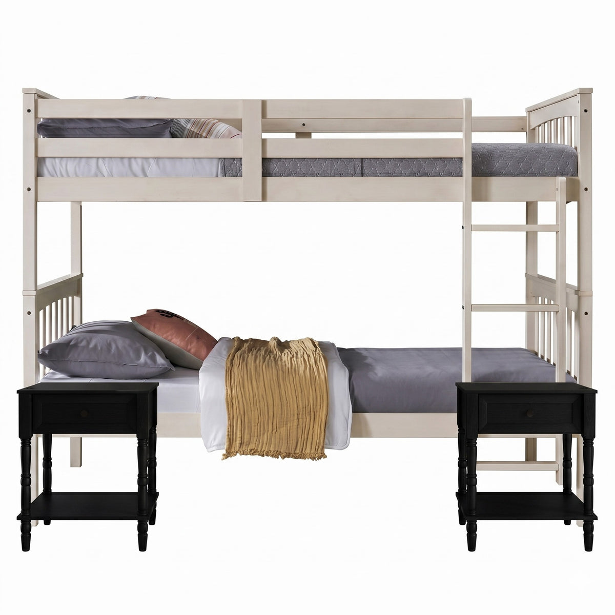 Home Design Ames Twin Over Twin Solid Wood Bunk Bed with 2 Ruston Nightstand – 3-Piece Space-Saving Bedroom Set