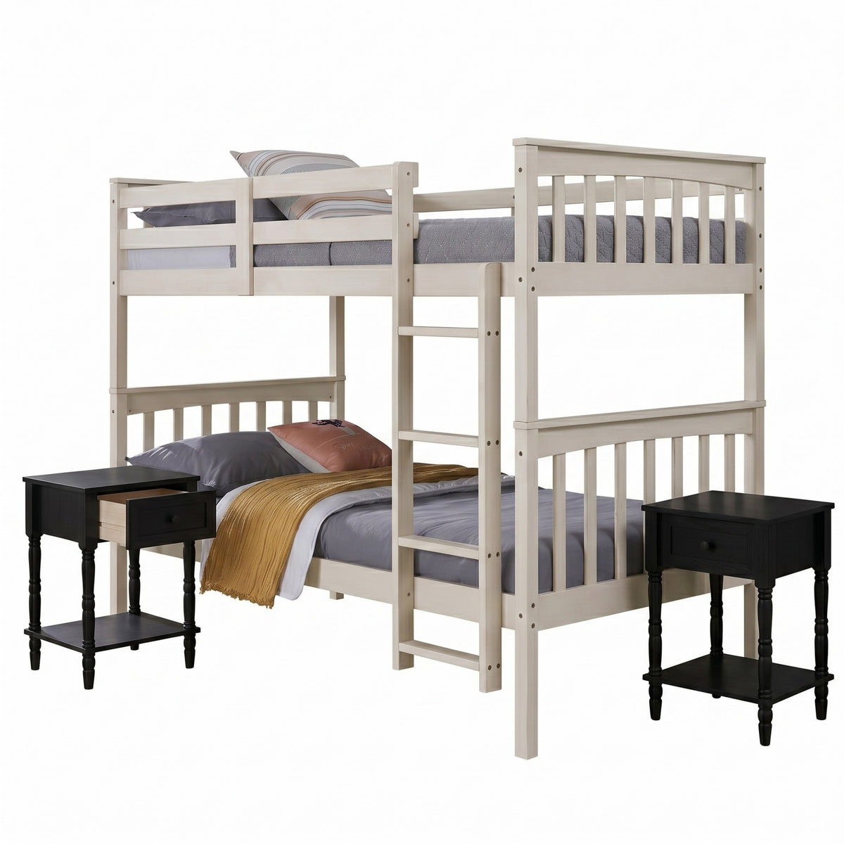 Home Design Ames Twin Over Twin Solid Wood Bunk Bed with 2 Ruston Nightstand – 3-Piece Space-Saving Bedroom Set