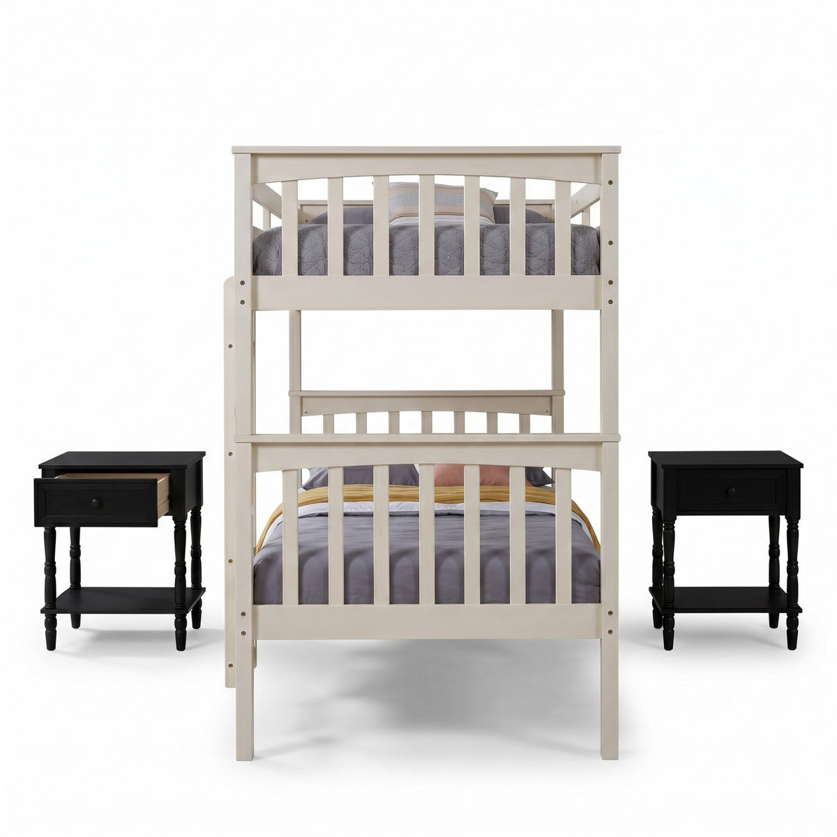 Home Design Ames Twin Over Twin Solid Wood Bunk Bed with 2 Ruston Nightstand – 3-Piece Space-Saving Bedroom Set