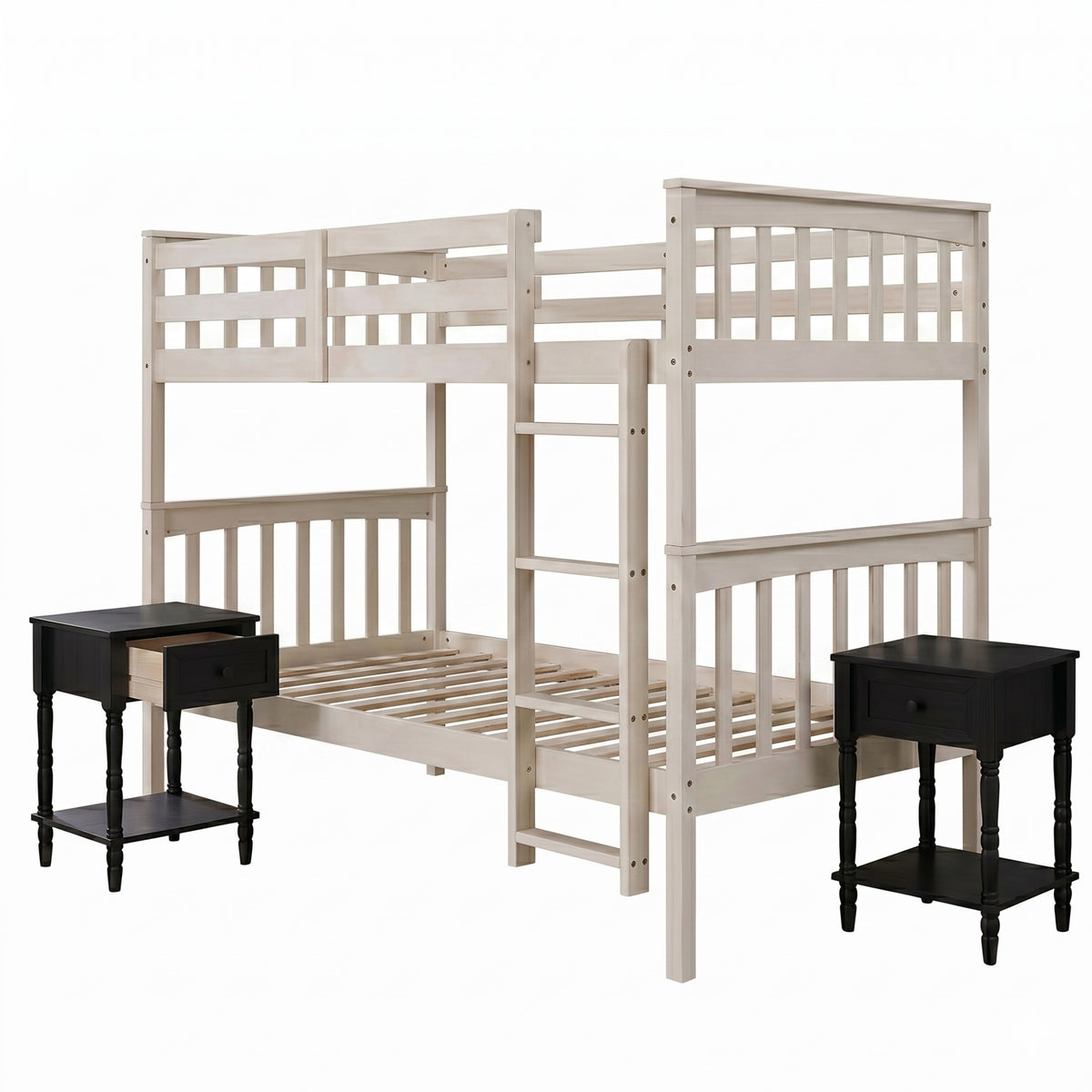 Home Design Ames Twin Over Twin Solid Wood Bunk Bed with 2 Ruston Nightstand – 3-Piece Space-Saving Bedroom Set