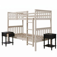 Home Design Ames Twin Over Twin Solid Wood Bunk Bed with 2 Ruston Nightstand – 3-Piece Space-Saving Bedroom Set