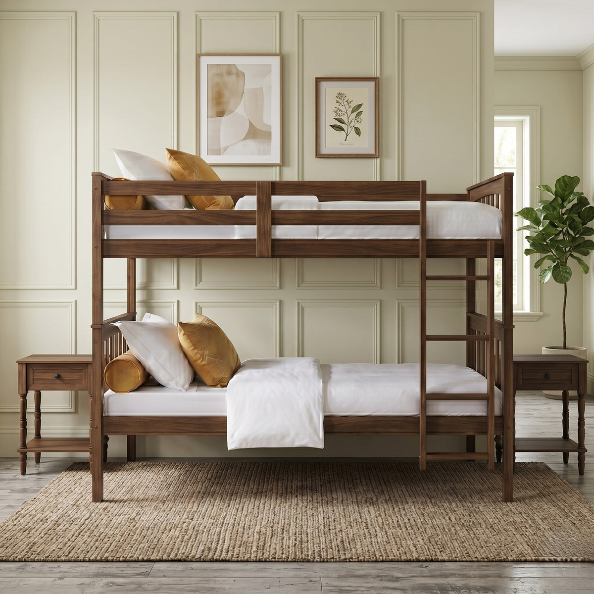 Home Design Ames Twin Over Twin Solid Wood Bunk Bed with 2 Ruston Nightstand – 3-Piece Space-Saving Bedroom Set
