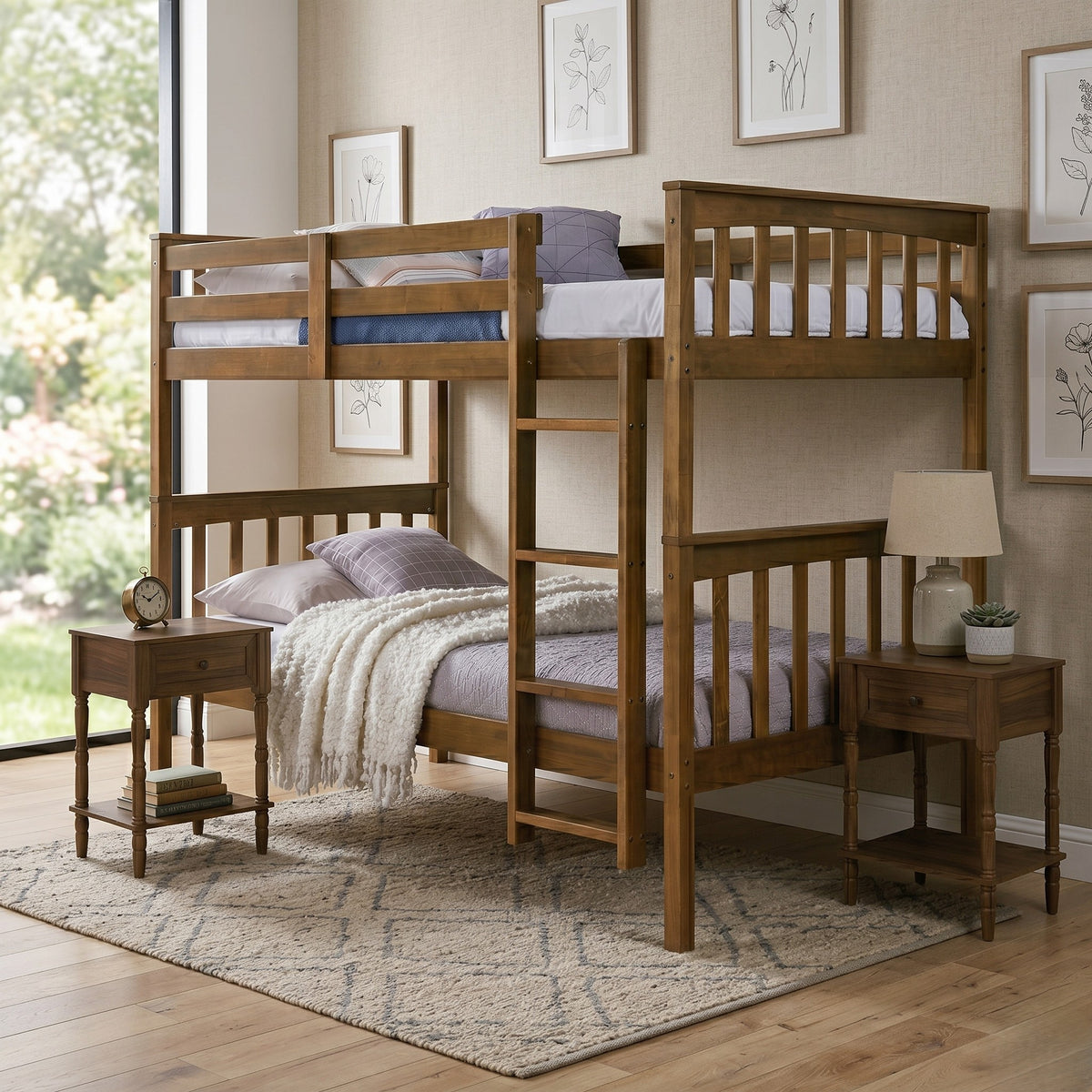 Home Design Ames Twin Over Twin Solid Wood Bunk Bed with 2 Ruston Nightstand – 3-Piece Space-Saving Bedroom Set