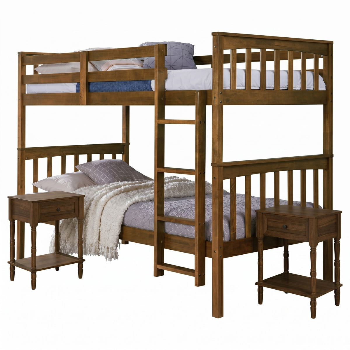 Home Design Ames Twin Over Twin Solid Wood Bunk Bed with 2 Ruston Nightstand – 3-Piece Space-Saving Bedroom Set