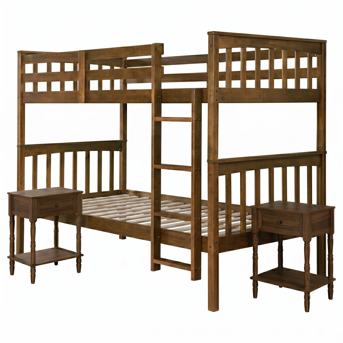 Home Design Ames Twin Over Twin Solid Wood Bunk Bed with 2 Ruston Nightstand – 3-Piece Space-Saving Bedroom Set