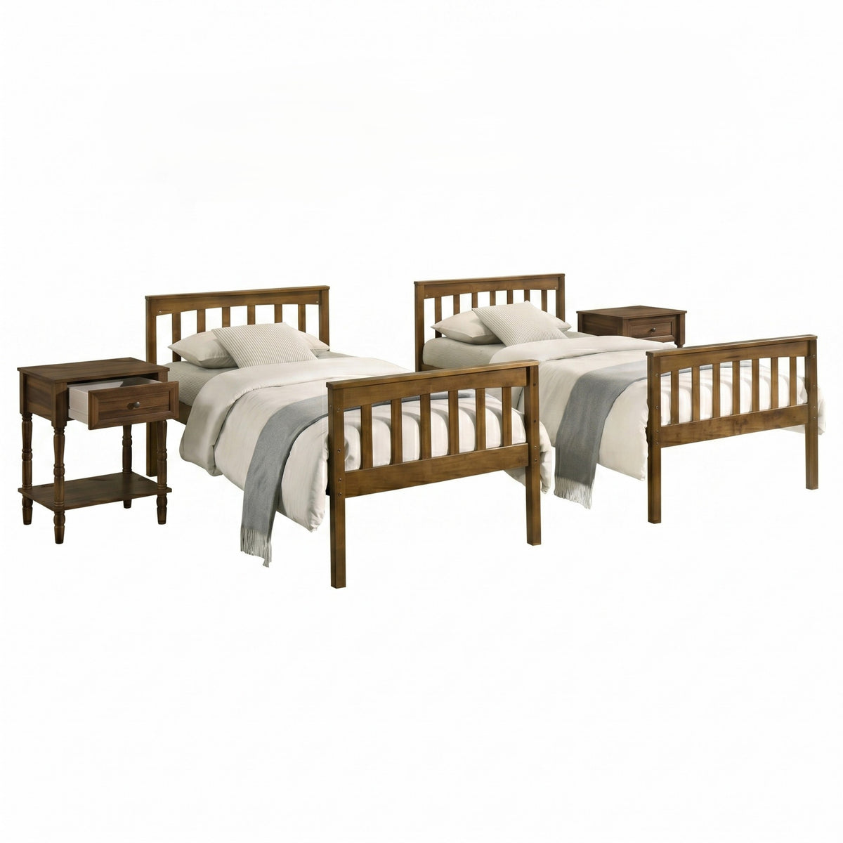 Home Design Ames Twin Over Twin Solid Wood Bunk Bed with 2 Ruston Nightstand – 3-Piece Space-Saving Bedroom Set