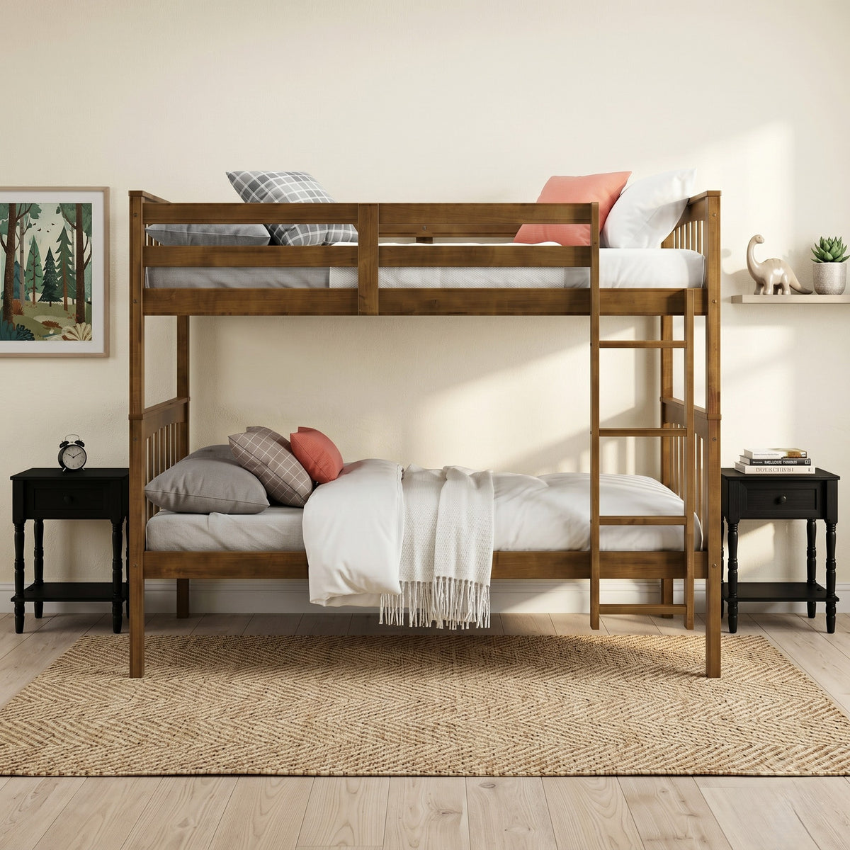 Home Design Ames Twin Over Twin Solid Wood Bunk Bed with 2 Ruston Nightstand – 3-Piece Space-Saving Bedroom Set