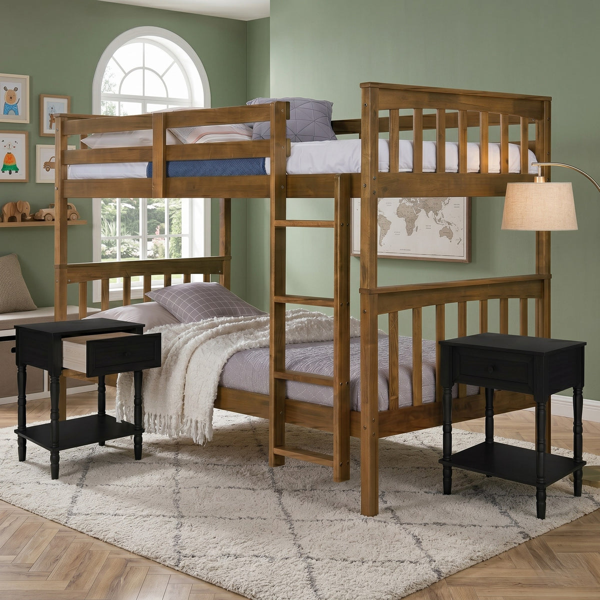 Home Design Ames Twin Over Twin Solid Wood Bunk Bed with 2 Ruston Nightstand – 3-Piece Space-Saving Bedroom Set