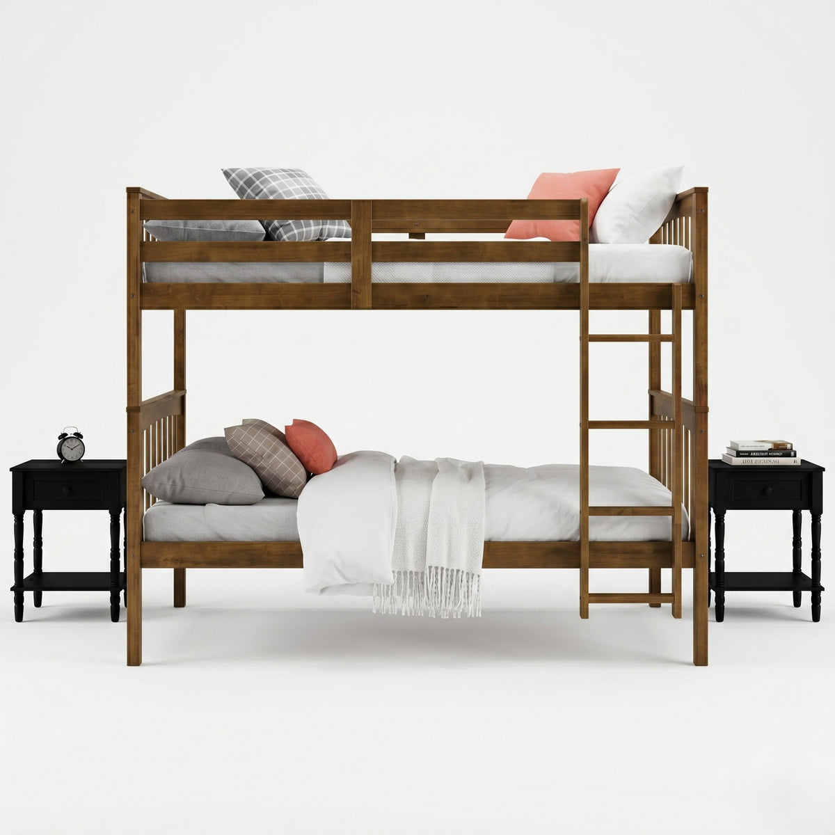 Home Design Ames Twin Over Twin Solid Wood Bunk Bed with 2 Ruston Nightstand – 3-Piece Space-Saving Bedroom Set