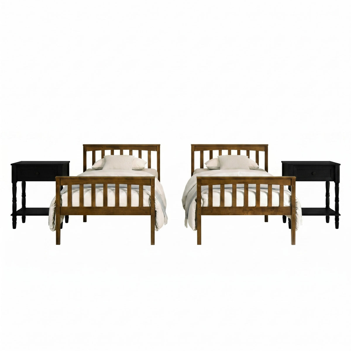 Home Design Ames Twin Over Twin Solid Wood Bunk Bed with 2 Ruston Nightstand – 3-Piece Space-Saving Bedroom Set