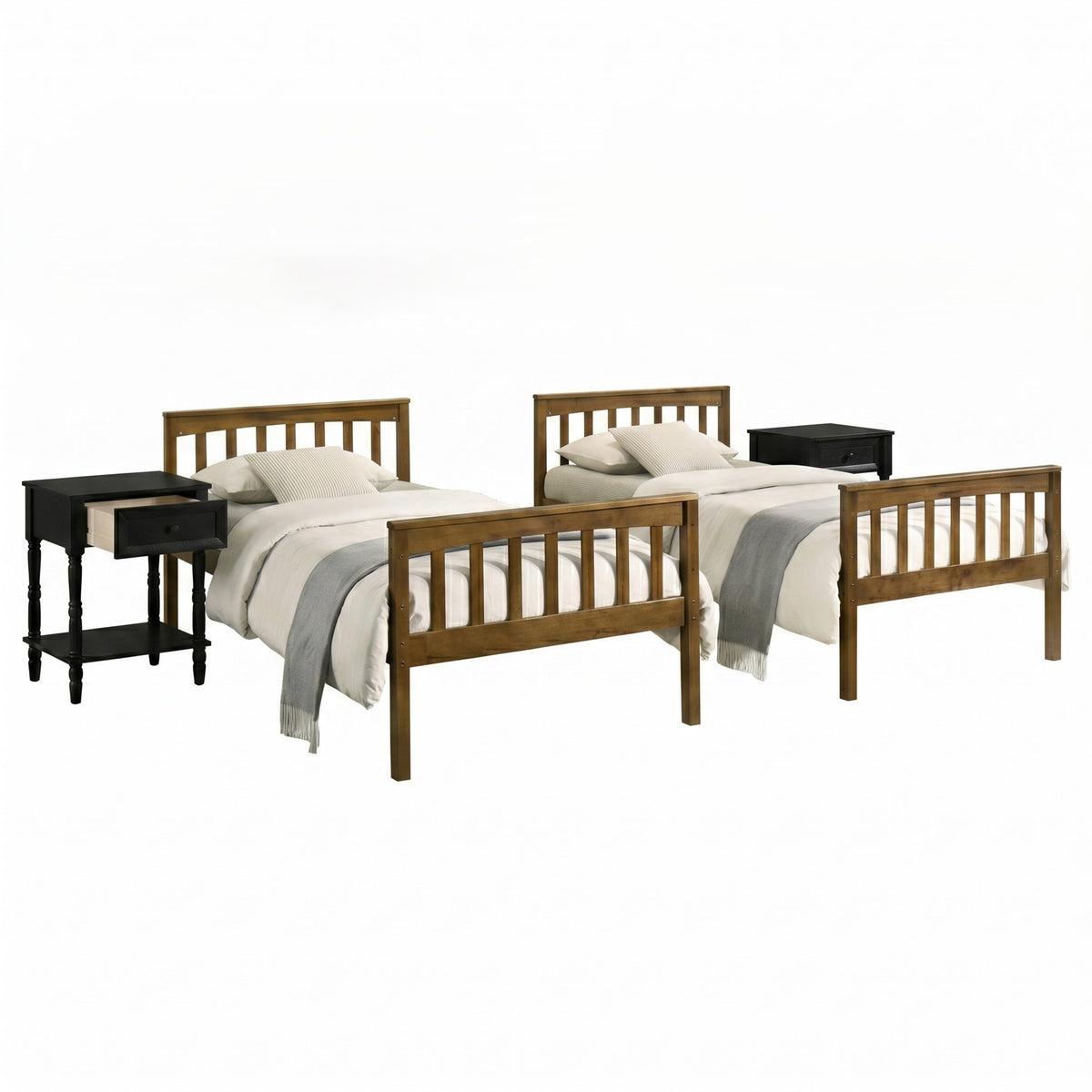 Home Design Ames Twin Over Twin Solid Wood Bunk Bed with 2 Ruston Nightstand – 3-Piece Space-Saving Bedroom Set