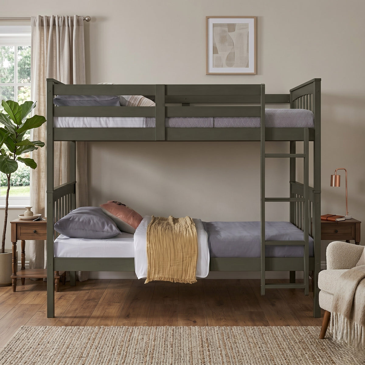 Home Design Ames Twin Over Twin Solid Wood Bunk Bed with 2 Ruston Nightstand – 3-Piece Space-Saving Bedroom Set