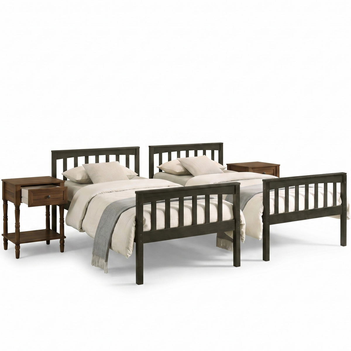Home Design Ames Twin Over Twin Solid Wood Bunk Bed with 2 Ruston Nightstand – 3-Piece Space-Saving Bedroom Set