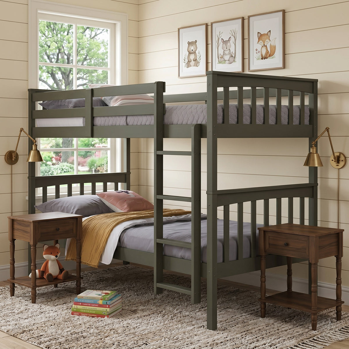 Home Design Ames Twin Over Twin Solid Wood Bunk Bed with 2 Ruston Nightstand – 3-Piece Space-Saving Bedroom Set