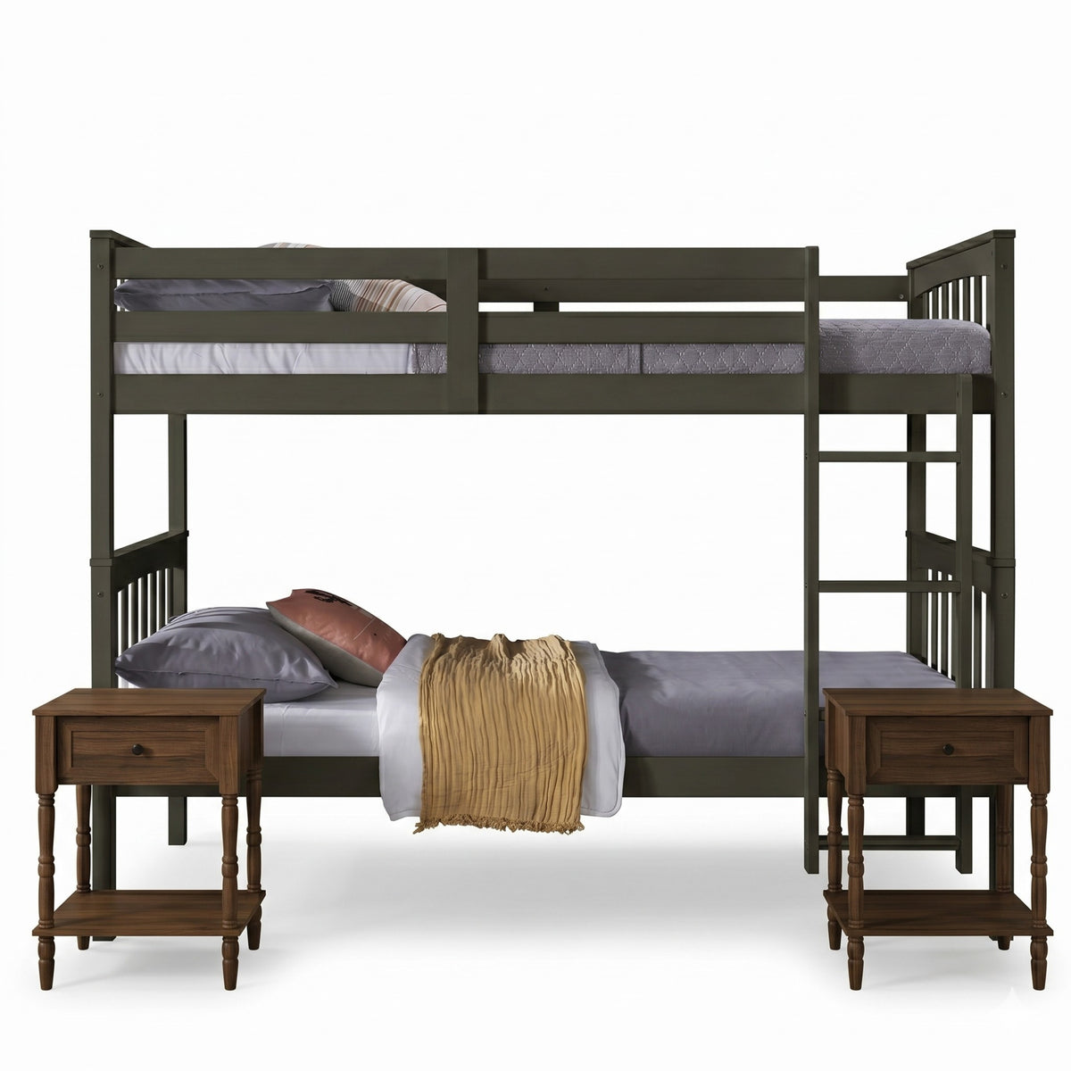 Home Design Ames Twin Over Twin Solid Wood Bunk Bed with 2 Ruston Nightstand – 3-Piece Space-Saving Bedroom Set