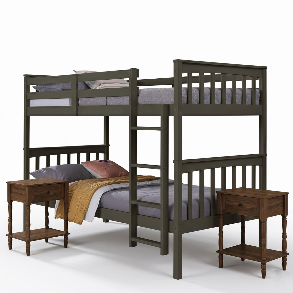 Home Design Ames Twin Over Twin Solid Wood Bunk Bed with 2 Ruston Nightstand – 3-Piece Space-Saving Bedroom Set