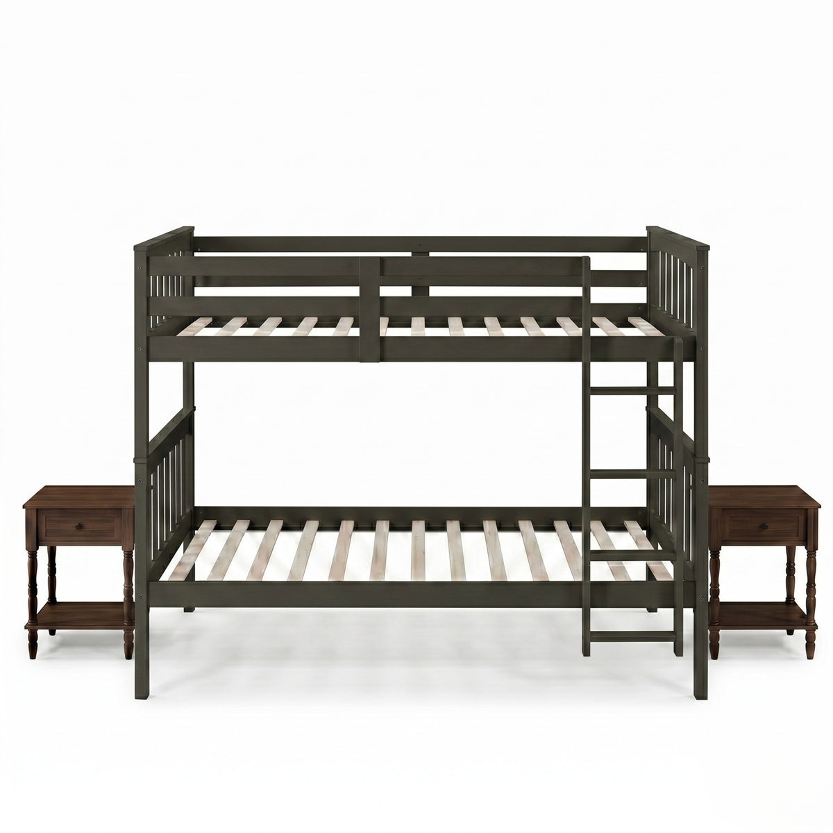 Home Design Ames Twin Over Twin Solid Wood Bunk Bed with 2 Ruston Nightstand – 3-Piece Space-Saving Bedroom Set
