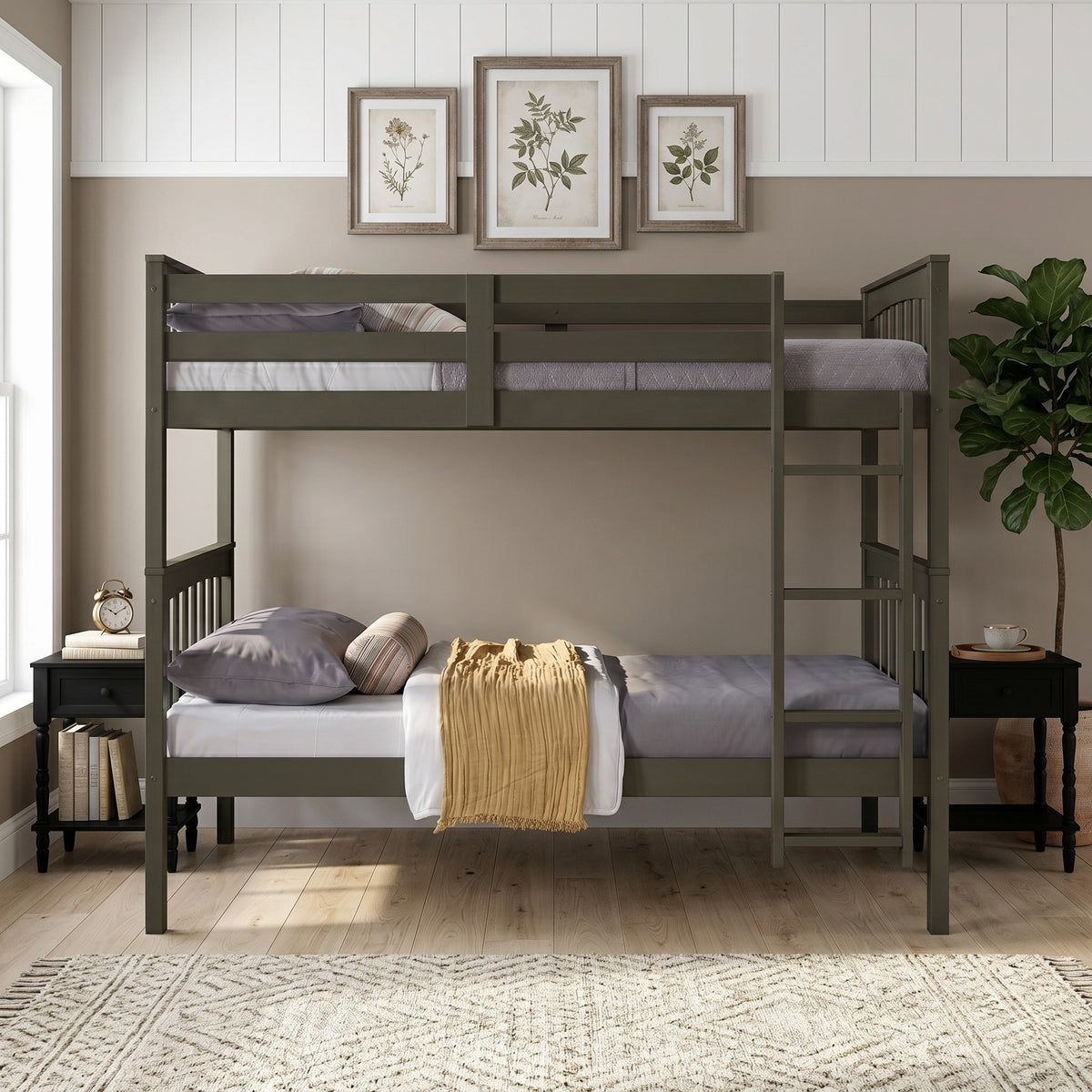 Home Design Ames Twin Over Twin Solid Wood Bunk Bed with 2 Ruston Nightstand – 3-Piece Space-Saving Bedroom Set