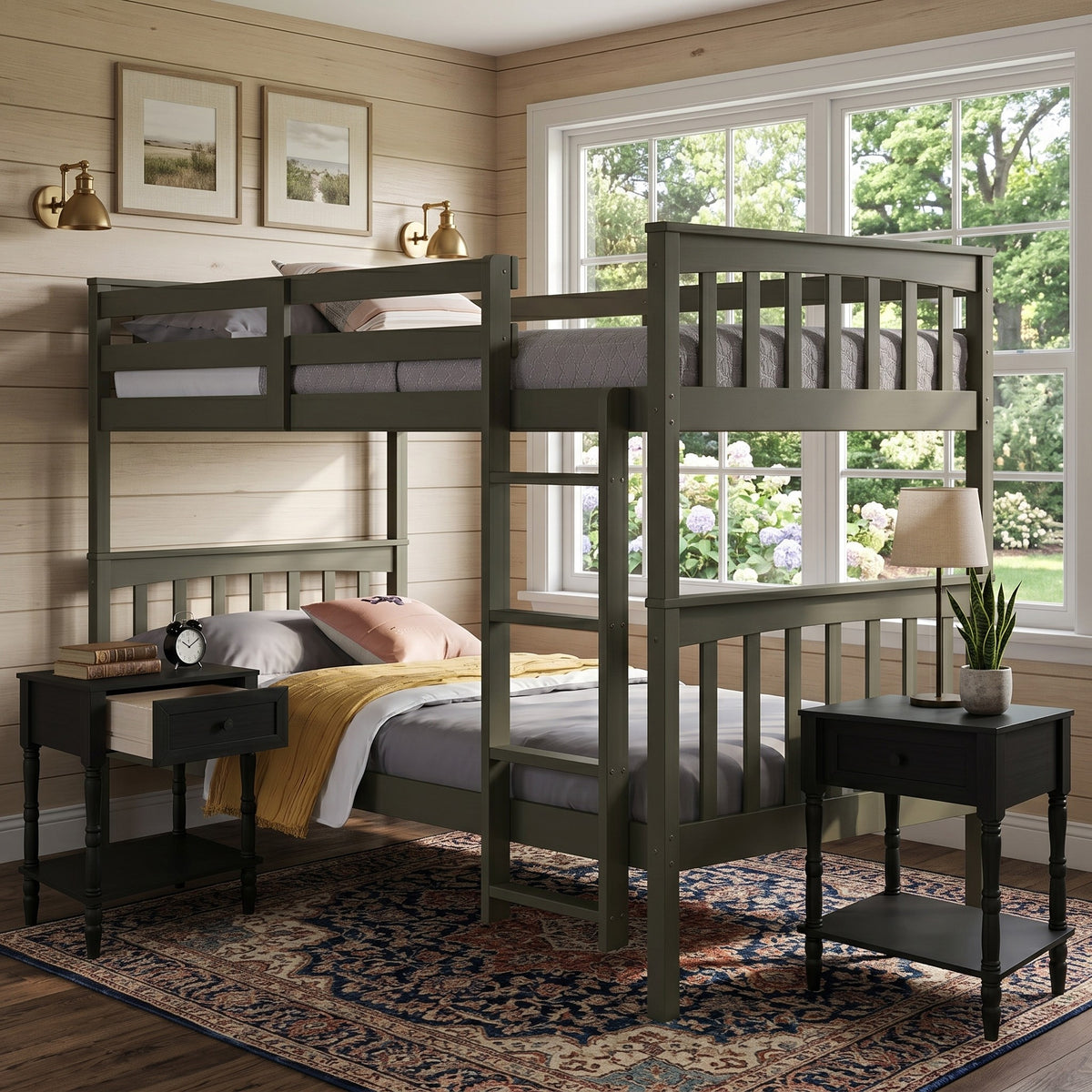 Home Design Ames Twin Over Twin Solid Wood Bunk Bed with 2 Ruston Nightstand – 3-Piece Space-Saving Bedroom Set
