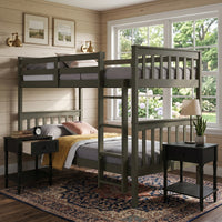 Home Design Ames Twin Over Twin Solid Wood Bunk Bed with 2 Ruston Nightstand – 3-Piece Space-Saving Bedroom Set