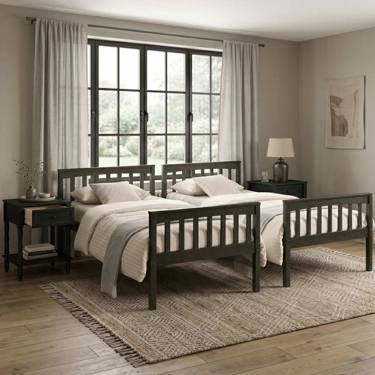 Home Design Ames Twin Over Twin Solid Wood Bunk Bed with 2 Ruston Nightstand – 3-Piece Space-Saving Bedroom Set