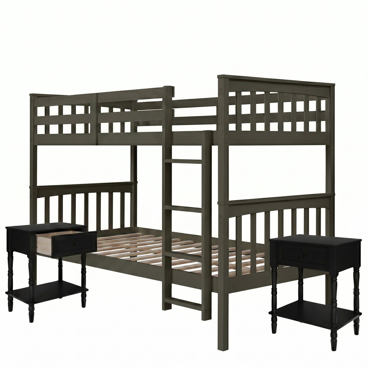 Home Design Ames Twin Over Twin Solid Wood Bunk Bed with 2 Ruston Nightstand – 3-Piece Space-Saving Bedroom Set