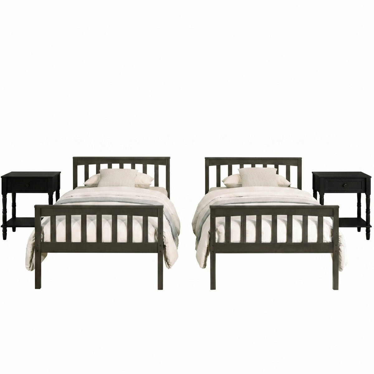 Home Design Ames Twin Over Twin Solid Wood Bunk Bed with 2 Ruston Nightstand – 3-Piece Space-Saving Bedroom Set