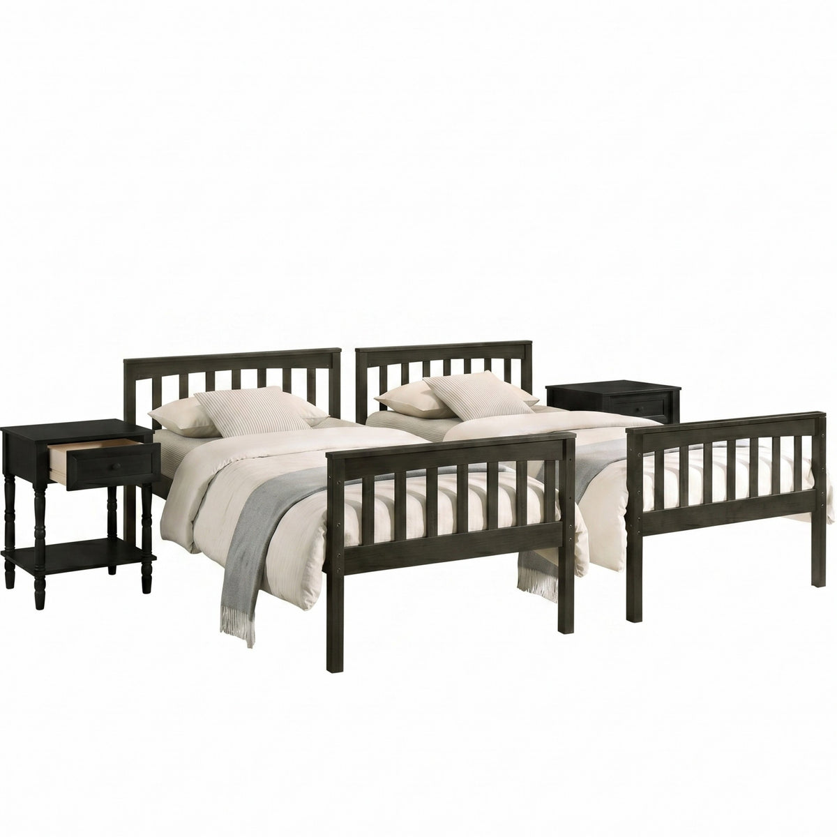 Home Design Ames Twin Over Twin Solid Wood Bunk Bed with 2 Ruston Nightstand – 3-Piece Space-Saving Bedroom Set
