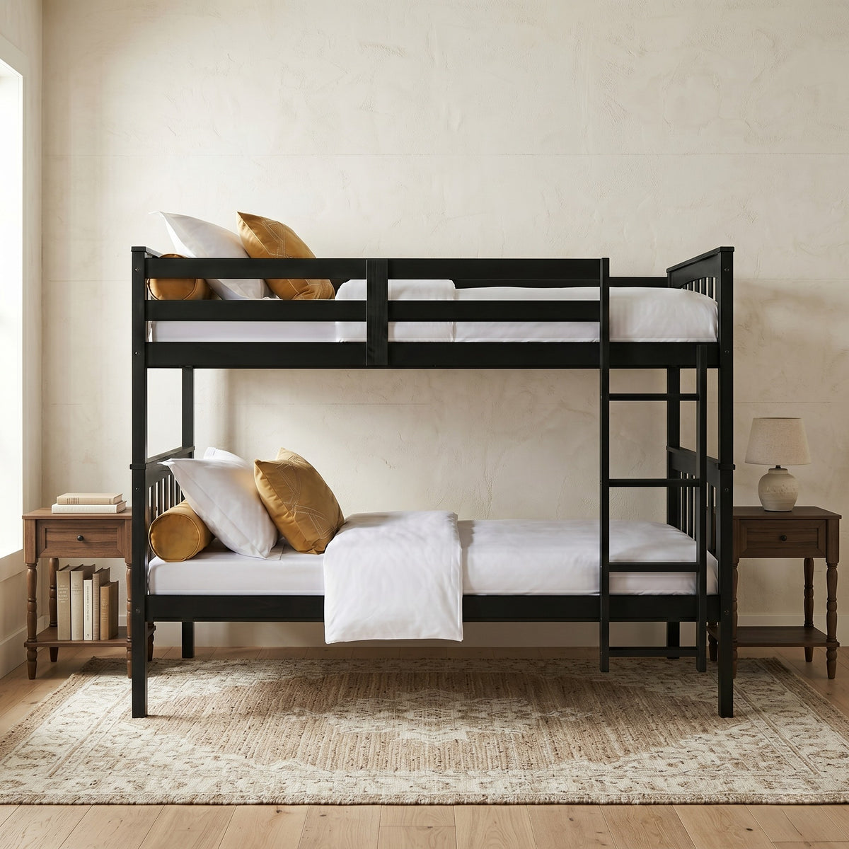 Home Design Ames Twin Over Twin Solid Wood Bunk Bed with 2 Ruston Nightstand – 3-Piece Space-Saving Bedroom Set