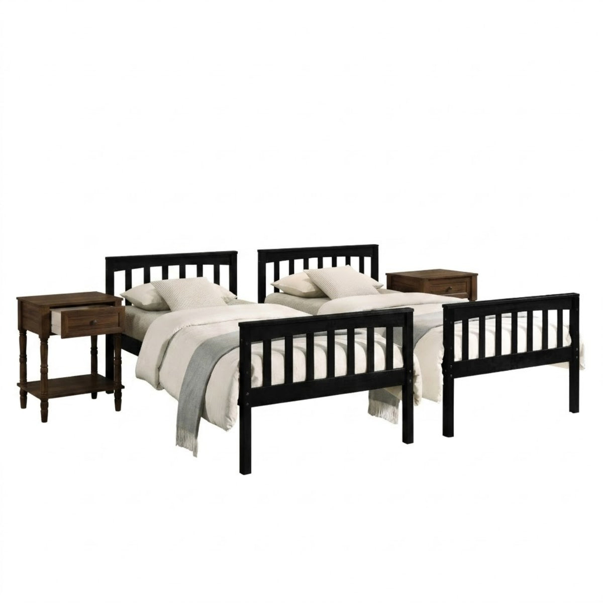 Home Design Ames Twin Over Twin Solid Wood Bunk Bed with 2 Ruston Nightstand – 3-Piece Space-Saving Bedroom Set