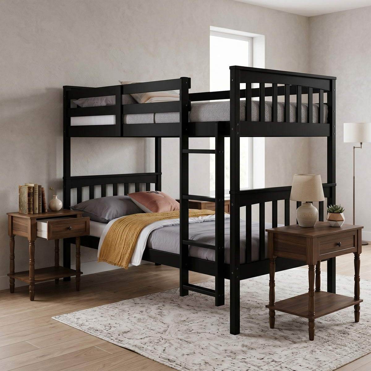 Home Design Ames Twin Over Twin Solid Wood Bunk Bed with 2 Ruston Nightstand – 3-Piece Space-Saving Bedroom Set