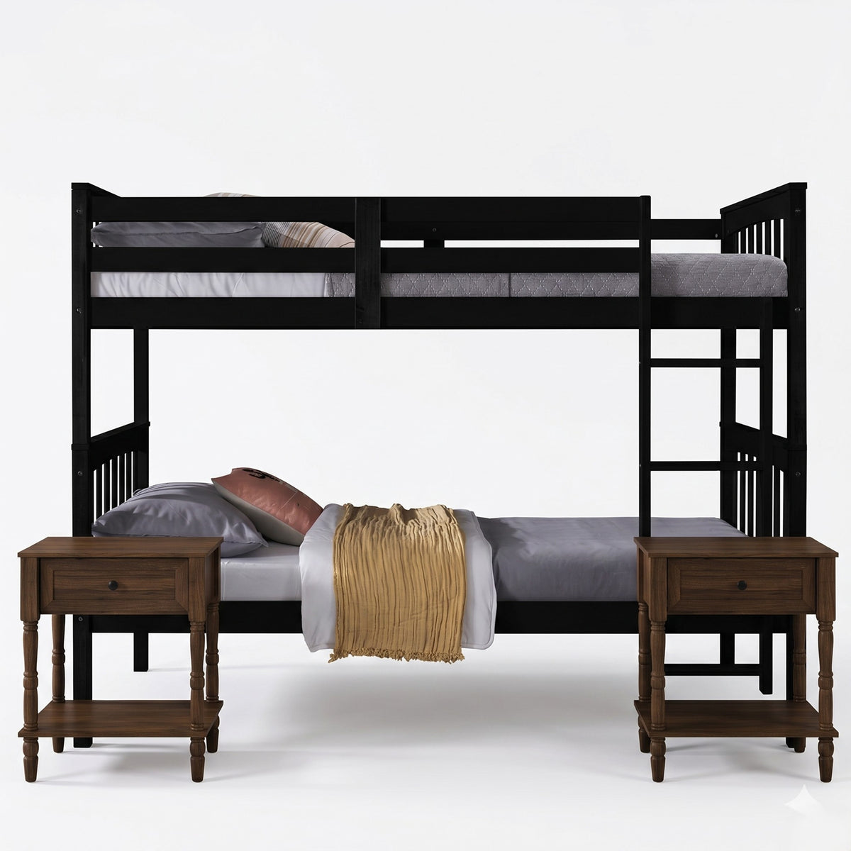 Home Design Ames Twin Over Twin Solid Wood Bunk Bed with 2 Ruston Nightstand – 3-Piece Space-Saving Bedroom Set