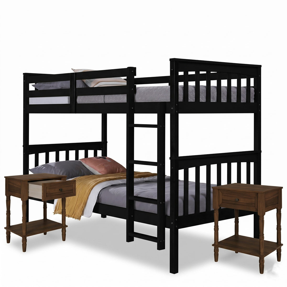 Home Design Ames Twin Over Twin Solid Wood Bunk Bed with 2 Ruston Nightstand – 3-Piece Space-Saving Bedroom Set