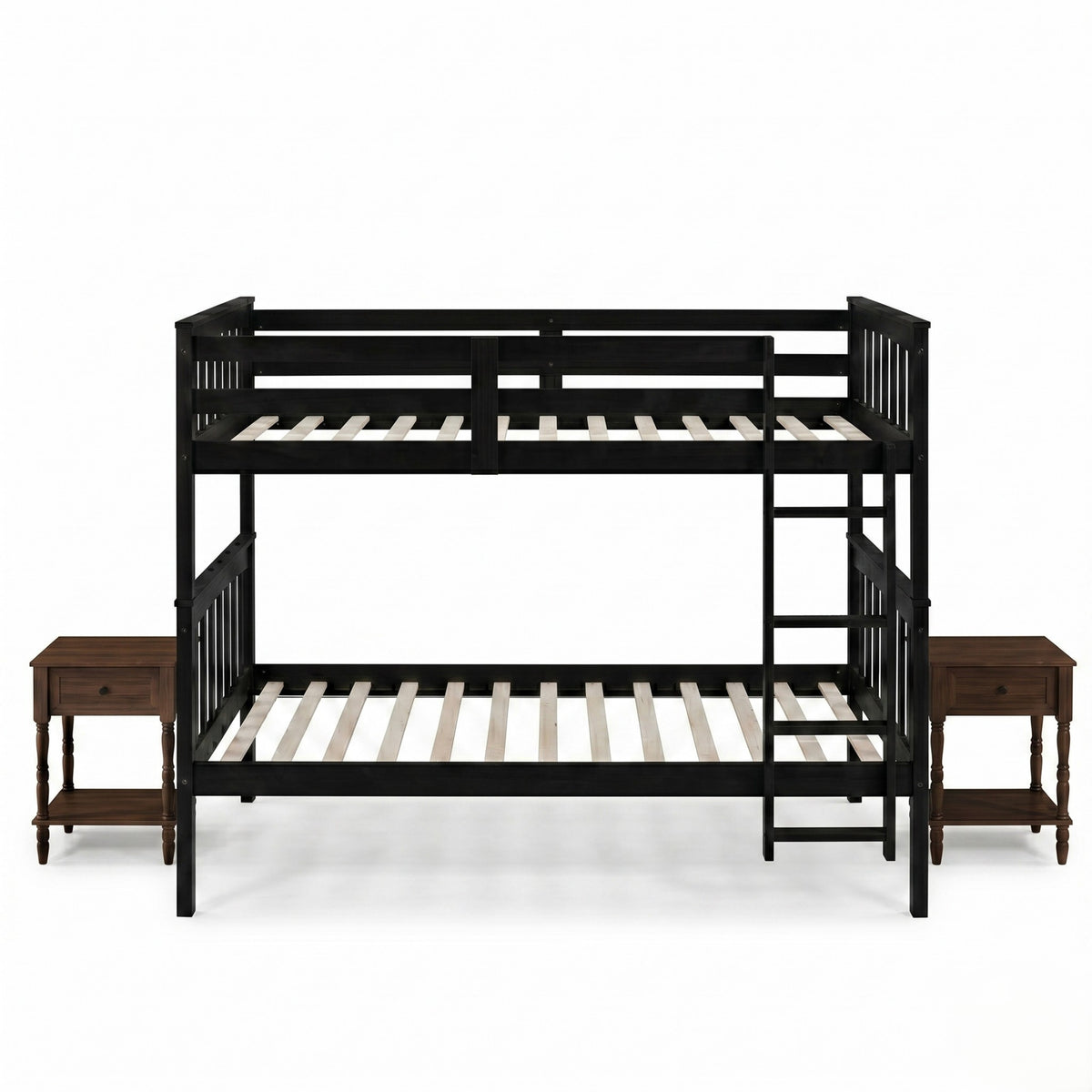 Home Design Ames Twin Over Twin Solid Wood Bunk Bed with 2 Ruston Nightstand – 3-Piece Space-Saving Bedroom Set