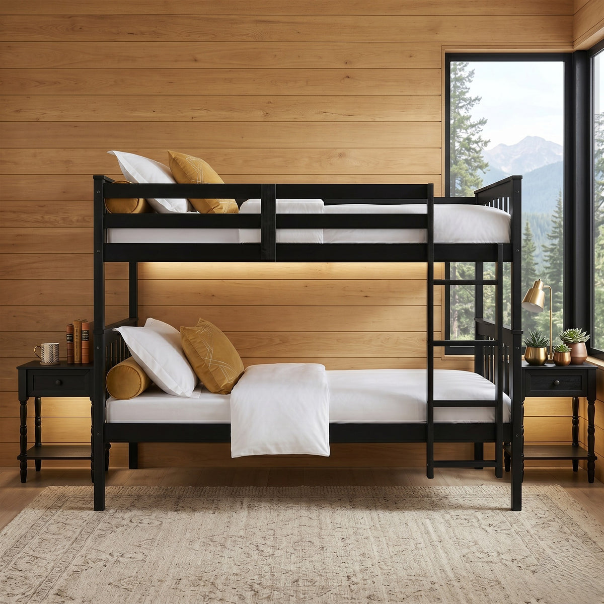 Home Design Ames Twin Over Twin Solid Wood Bunk Bed with 2 Ruston Nightstand – 3-Piece Space-Saving Bedroom Set