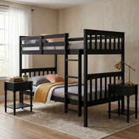 Home Design Ames Twin Over Twin Solid Wood Bunk Bed with 2 Ruston Nightstand – 3-Piece Space-Saving Bedroom Set