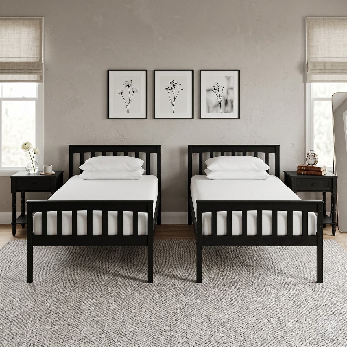 Home Design Ames Twin Over Twin Solid Wood Bunk Bed with 2 Ruston Nightstand – 3-Piece Space-Saving Bedroom Set